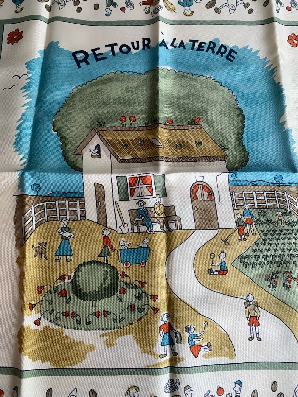 Hermès Multicolor 'Retour à la Terre' Silk Scarf with Green, Blue, Cream & Tan - Picture 2 of 14